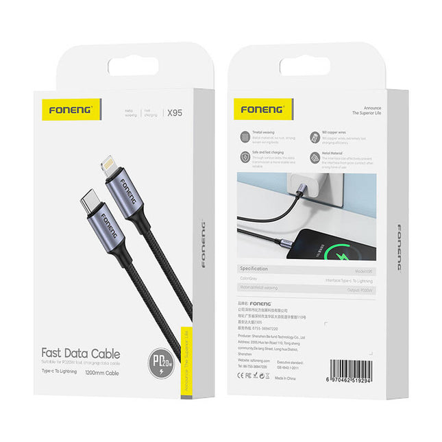 Kabel USB-C naar Lightning Foneng X95 Metalen kop Gevlochten PD20W 1,2m (grijs)