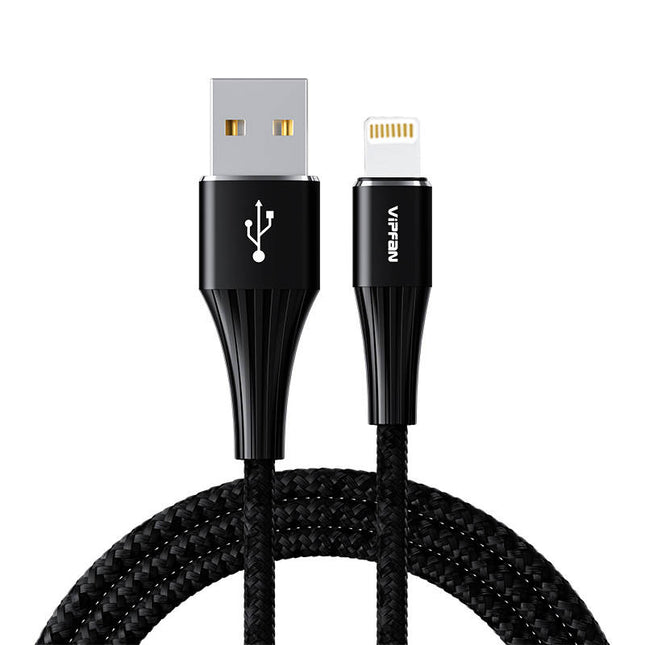 USB naar Lightning kabel Vipfan A01, 3A, 1.2m, gevlochten (zwart).