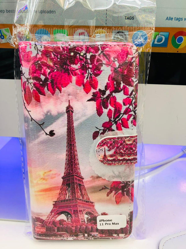 iPhone 11 Pro Max hoesje Bloemen met Parijs Eiffeltoren print - Wallet Case Eiffel tower Paris