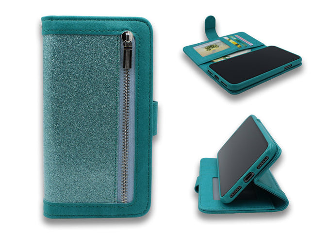 Samsung Galaxy A70 hoesje groen met rits en glitters portemonnee walletcase