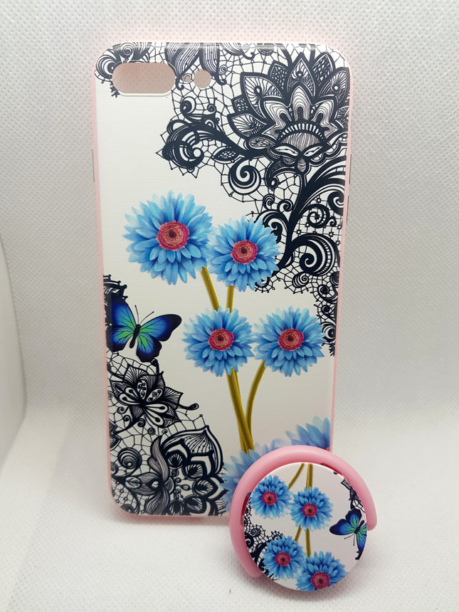 iPhone 7 plus/ 8 Plus hoesje blauw bloemen print met pophouder socket vinger achterkant backcover case