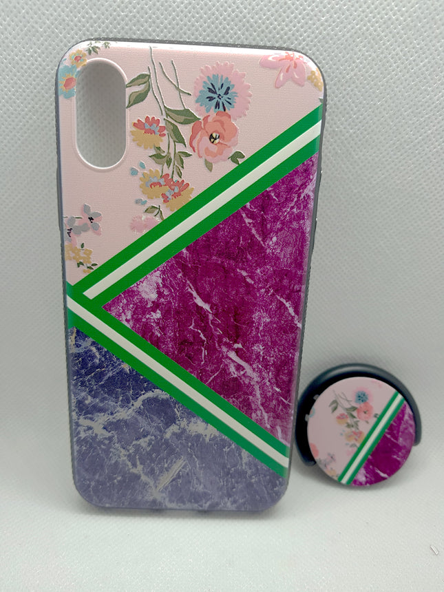 iPhone X / iPhone Xs hoesje achterkant marmar en bloemen design met pop houder socket fashion case