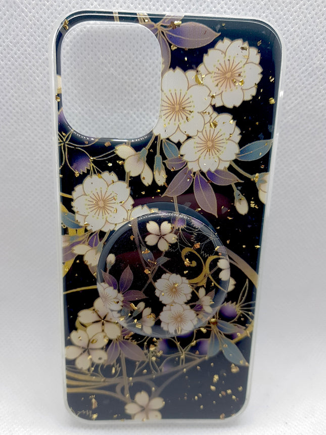 iPhone 12 Mini hoesje achterkant bloem bling met pop houder socket luke fashion case