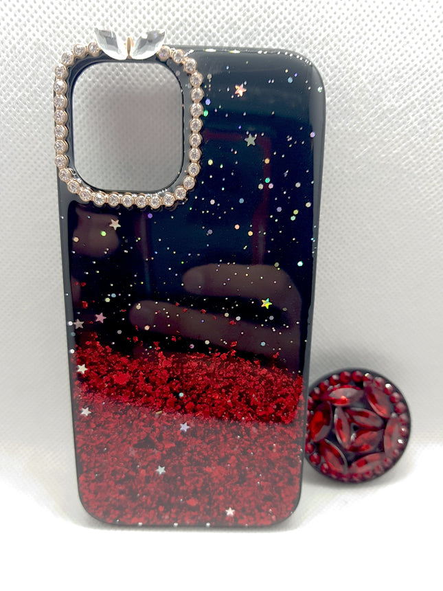 iPhone 12 Mini hoesje achterkant rood en zwart glitters bling met pop houder socket luke fashion case