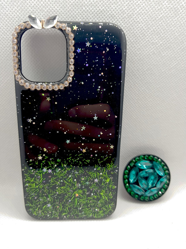 iPhone 12 Mini hoesje achterkant groen en zwart glitters bling met pop houder socket luke fashion case