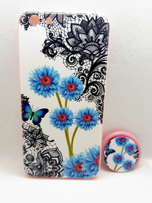 iPhone 6 plus/6s Plus hoesje blauw bloemen print met pophouder socket vinger achterkant backcover case