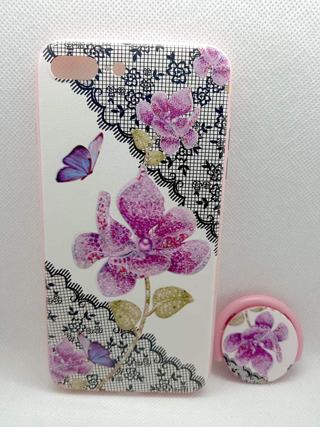 iPhone 6 plus/6s Plus hoesje roze bloemen print met pophouder socket vinger achterkant backcover case