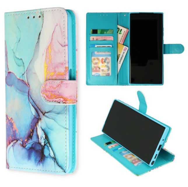 Samsung Galaxy S24 Plus hoesje wallet boekcase Marmer blauw roze