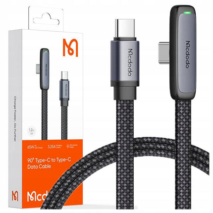 Mcdodo CA-3360 USB-C naar USB-C Kabel – 90° Haaks Design, 65 W, LED-indicator, 1,2 m – Zwart