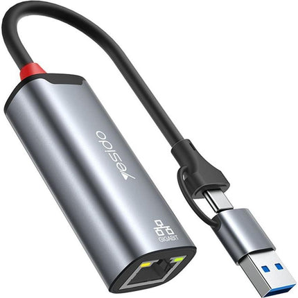 Yesido HB26 Ethernet Adapter – USB Type-C naar RJ45 – 1000 Mbps – Windows, macOS & Linux – Grijs