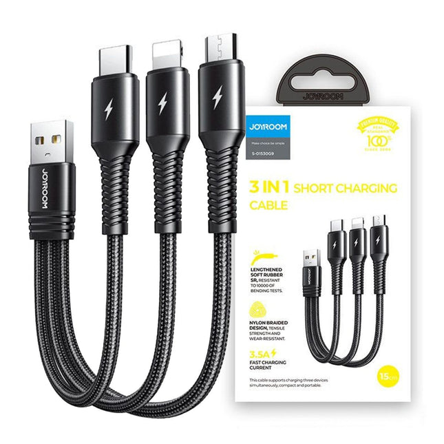 Joyroom 3in1 kurzes USB - Lightning / USB Typ C / Micro-USB-Ladekabel 3,5A 15cm schwarz