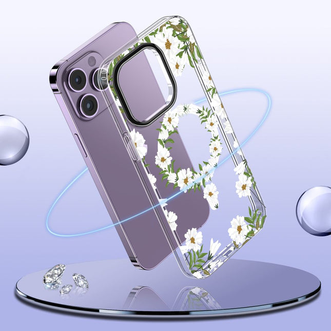 Rückseite der iPhone 15 Pro Max-Hülle mit weißem Gänseblümchenmuster