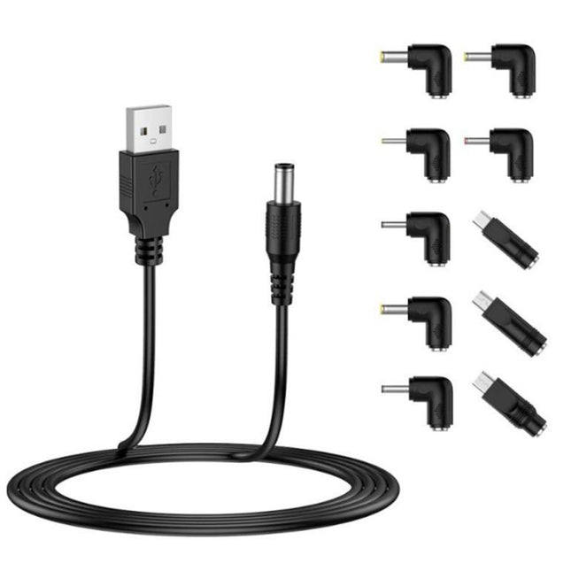 Techsuit ChargeNest AC21 (11-delig) Kabeladapterset – USB naar 7× DC Barrel, Type-C, Mini-USB & Micro-USB – Zwart
