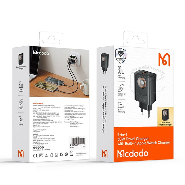 Mcdodo Travel Companion Wandlader (CH-3700) – Ingebouwde Apple Watch-lader, 30 W, USB-A & USB-C – Zwart