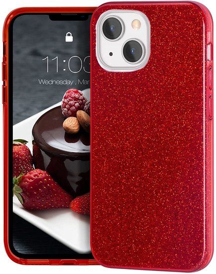 iPhone 13 rood hoesje bling bling glitters achterkant