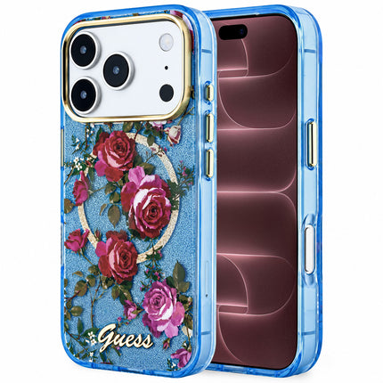 GUESS IML Glitter Blossom Roses MagSafe Hoesje voor iPhone 18 Pro Max / iPhone 17 Pro Max – Lichtblauw