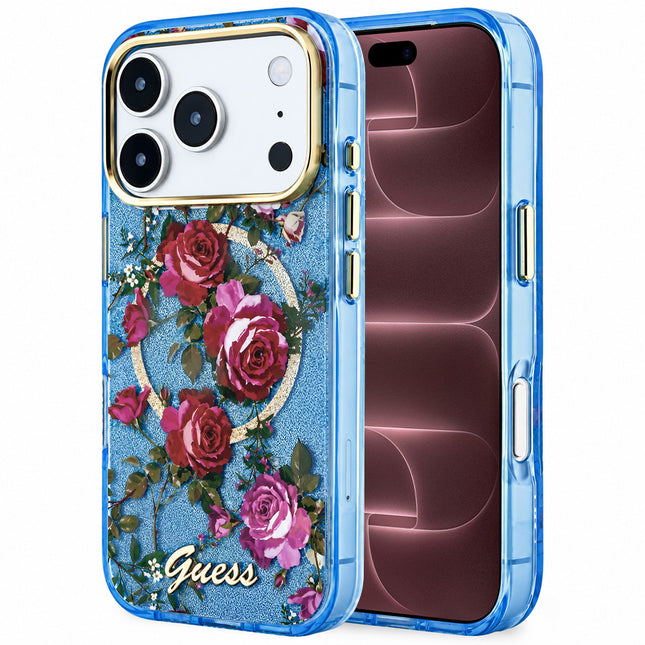 GUESS IML Glitter Blossom Roses MagSafe Hoesje voor iPhone 18 Pro Max / iPhone 17 Pro Max – Lichtblauw