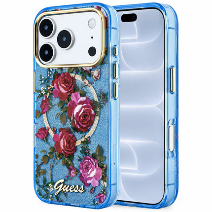 GUESS IML Glitter Blossom Roses MagSafe Hoesje voor iPhone 18 Pro / iPhone 17 Pro – Lichtblauw