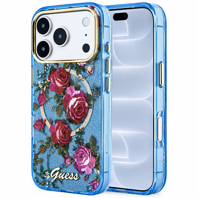 GUESS IML Glitter Blossom Roses MagSafe Hoesje voor iPhone 18 Pro / iPhone 17 Pro – Lichtblauw