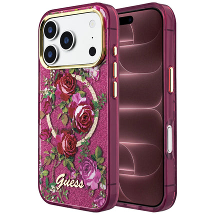 GUESS IML Glitter Blossom Roses MagSafe Hoesje voor iPhone 18 Pro Max / iPhone 17 Pro Max – Bordeauxrood