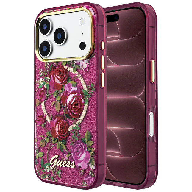 GUESS IML Glitter Blossom Roses MagSafe Hoesje voor iPhone 18 Pro Max / iPhone 17 Pro Max – Bordeauxrood