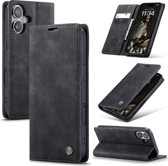 Hoesje geschikt voor iPhone 16 Plus - Retro Wallet Case - Zwart