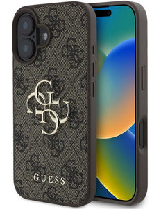 Guess Hoesje Geschikt voor iPhone 16 Hoesje - Guess 4G Metal Logo Backcover - Bruin
