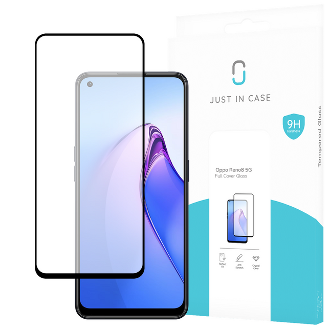 Just in Case Oppo Reno8 5G - Full Cover Screenprotector Tempered Glass - Black