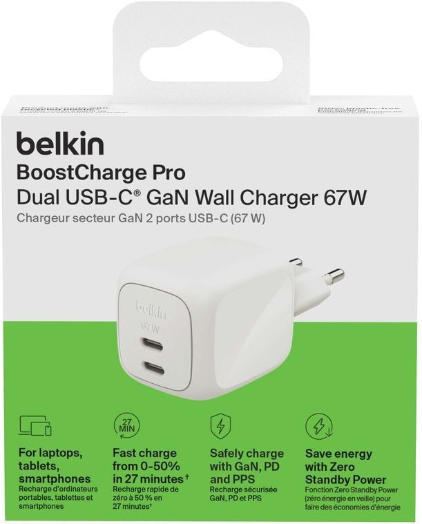 BELKIN Sector GaN-oplader met 2 USB-C-poorten, 67W (wit)