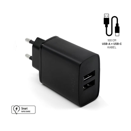 Vaste dubbele USB-oplader 15W + USB/USB-C-kabel, zwart