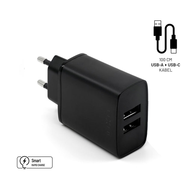 Vaste dubbele USB-oplader 15W + USB/USB-C-kabel, zwart