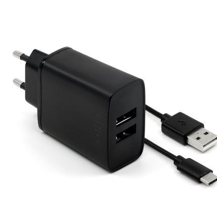 Vaste dubbele USB-oplader 15W + USB/USB-C-kabel, zwart