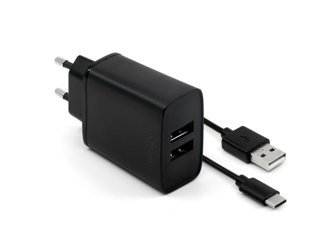 Vaste dubbele USB-oplader 15W + USB/USB-C-kabel, zwart