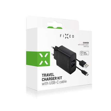 Vaste dubbele USB-oplader 15W + USB/USB-C-kabel, zwart