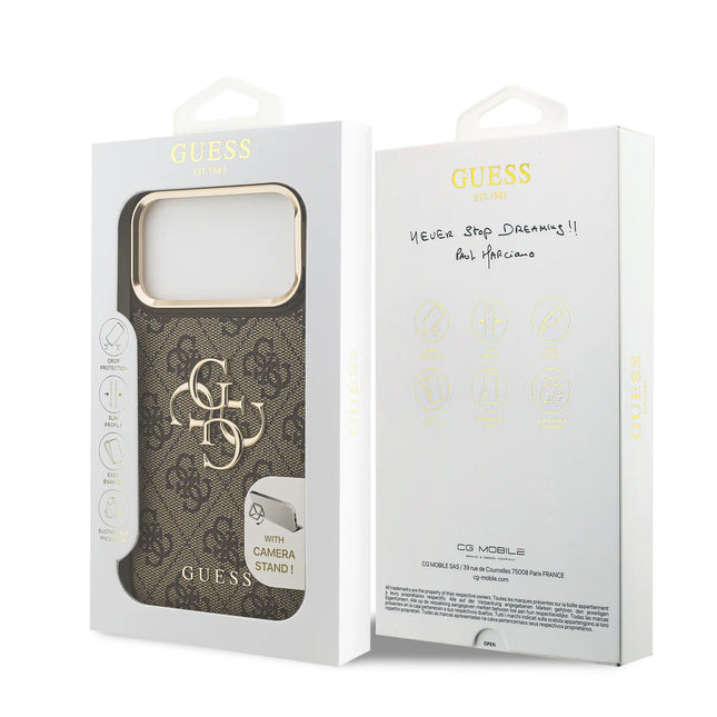 iPhone 17 Pro Max Backcase hoesje - Guess - Effen Bruin - Kunstleer Camera Stand