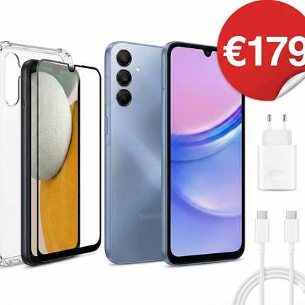 Samsung Galaxy A15 128GB Blauw (Used Grade A) Alles-in-één pakket: Telefoon + Volledige Bescherming + Snellader