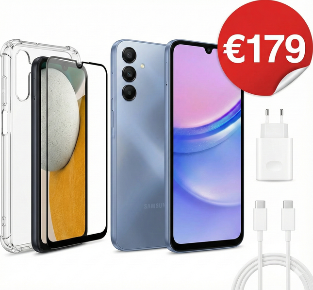 Samsung Galaxy A15 128GB Blauw (Grade A) Alles-in-één pakket: Telefoon + Volledige Bescherming + Snellader