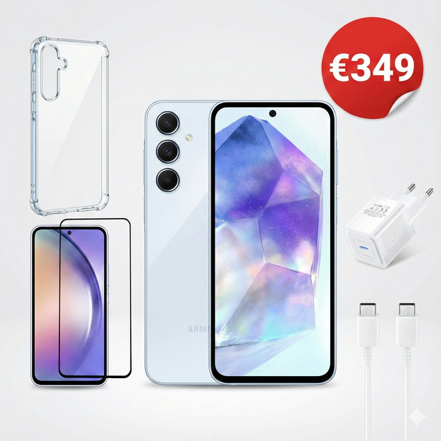 Samsung Galaxy A55 5G - Complete Starter Bundel Alles-in-één pakket: Telefoon + Volledige Bescherming + Snellader