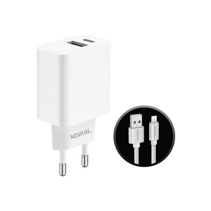 NOVANL ProCharge (20W) Dual Port Wall Charger with SpeedCharge USB A to 8 Pin Cable