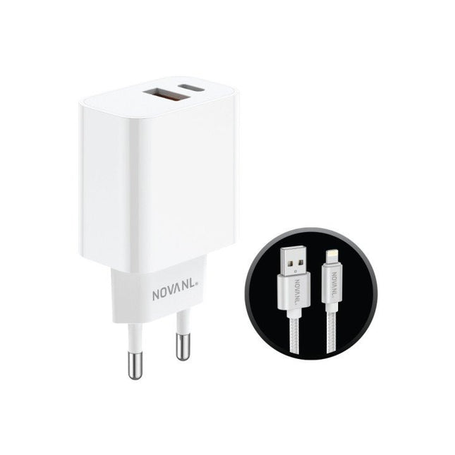 NOVANL ProCharge (20W) Dual Port Wall Charger with SpeedCharge USB A to 8 Pin Cable