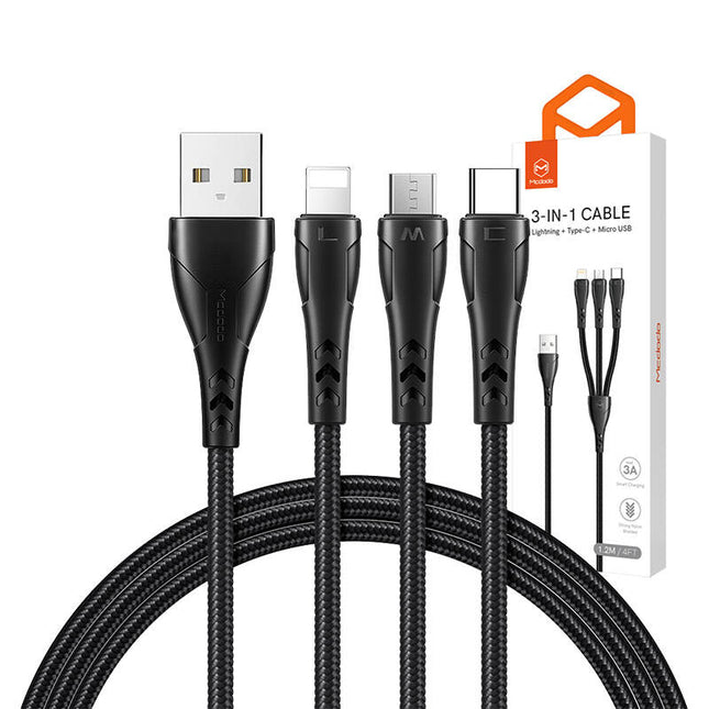 3in1 USB naar USB-C / Lightning / Micro USB-kabel, Mcdodo CA-6960, 1,2 m (zwart)