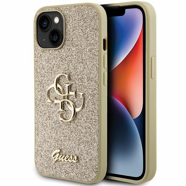 Guess Glitter Script Big 4G Hülle für iPhone 15 – Gold