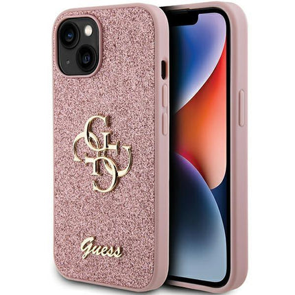 Guess Glitter Script Big 4G Hülle für iPhone 15 – Rosa