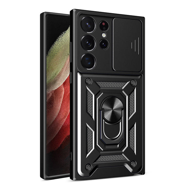 Hybrid Armor Camshield hoesje voor Samsung Galaxy S23 Ultra Gepantserd hoesje met camerahoes zwart