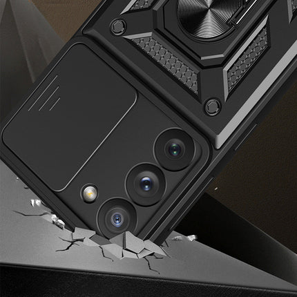 Hybrid Armor Camshield Hülle für Samsung Galaxy S23 Ultra Gepanzerte Hülle mit Kameraabdeckung schwarz