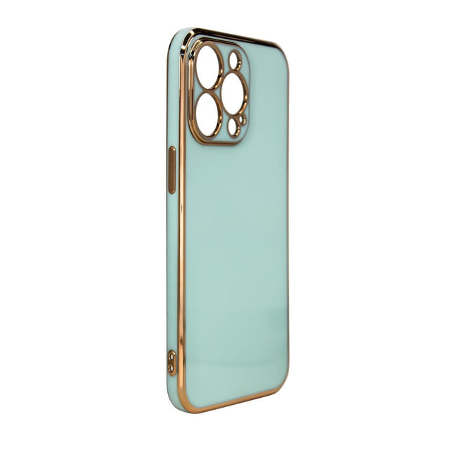 Lighting Color Case für iPhone 13 Pro, Gelcover mit goldenem Rahmen, Mint