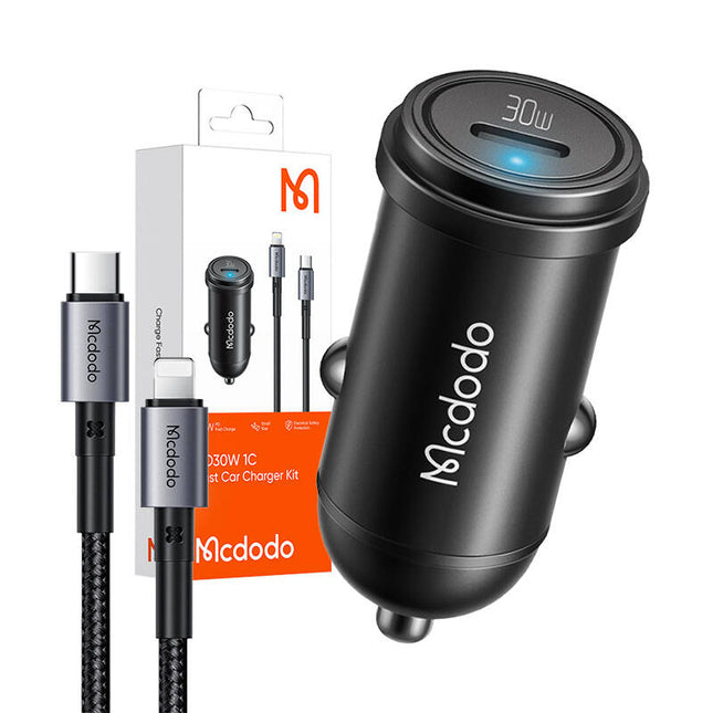 Mcdodo CC-7492 autolader, USB-C, 30W + USB-C naar Lightning-kabel (zwart)