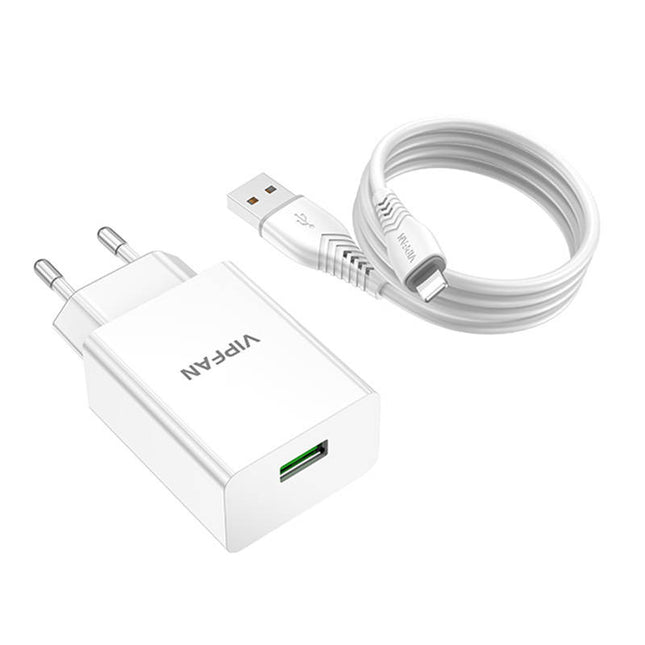Charger Vipfan E03, 1x USB, 18W, QC 3.0 + Lightning cable (white)