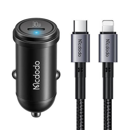 Mcdodo CC-7492 Autoladegerät, USB-C, 30 W + USB-C-auf-Lightning-Kabel (schwarz)