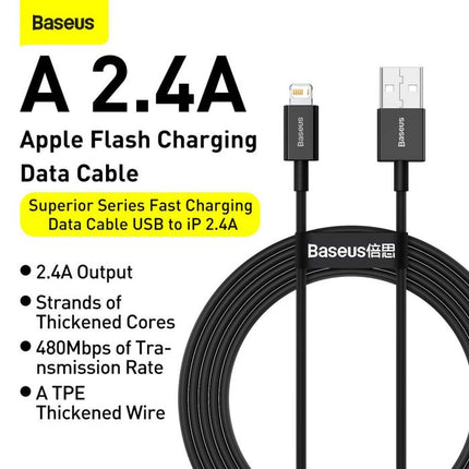 Baseus Lightning Superior Series kabel, Snel opladen, Data 2.4A, 1m Zwart (CALYS-A01)